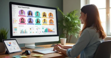 Mulher analisando perfil de cliente ideal em painel digital com gráficos e avatares