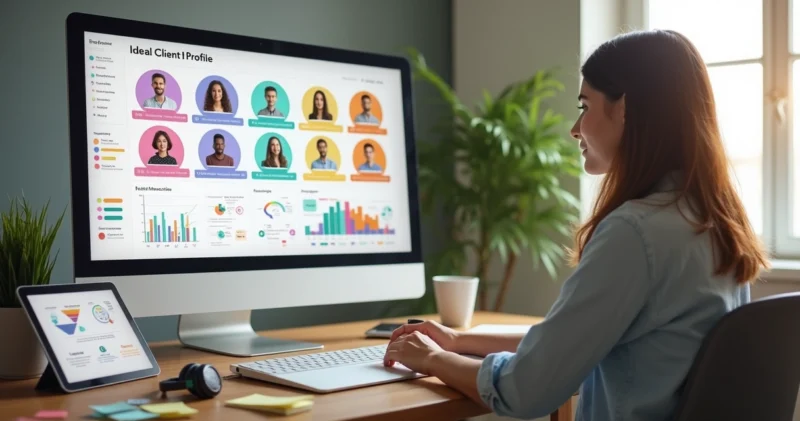 Mulher analisando perfil de cliente ideal em painel digital com gráficos e avatares