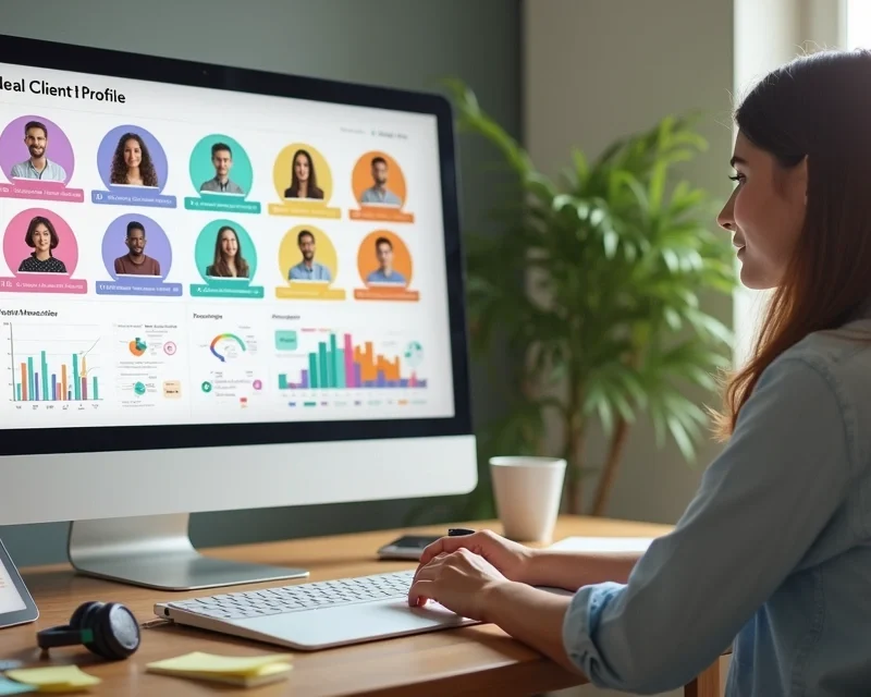 Mulher analisando perfil de cliente ideal em painel digital com gráficos e avatares