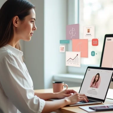 Mulher trabalhando em home office com elementos visuais de personal branding ao redor