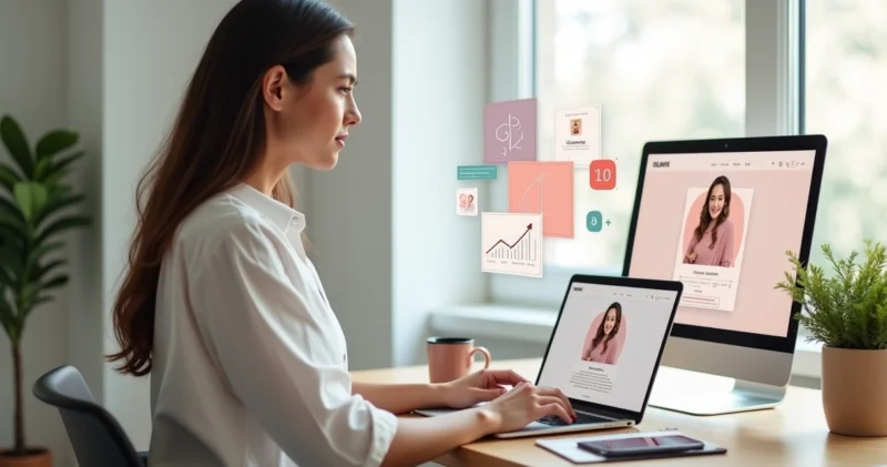 Mulher trabalhando em home office com elementos visuais de personal branding ao redor