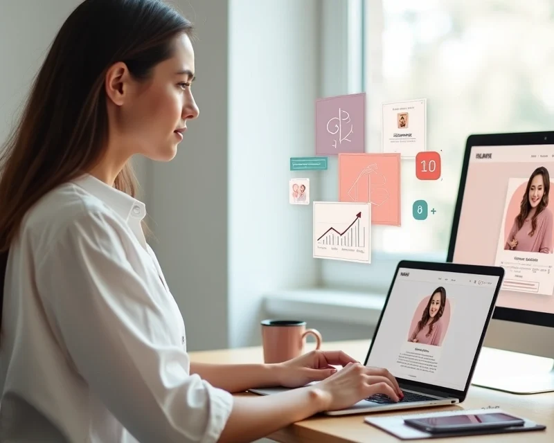 Mulher trabalhando em home office com elementos visuais de personal branding ao redor