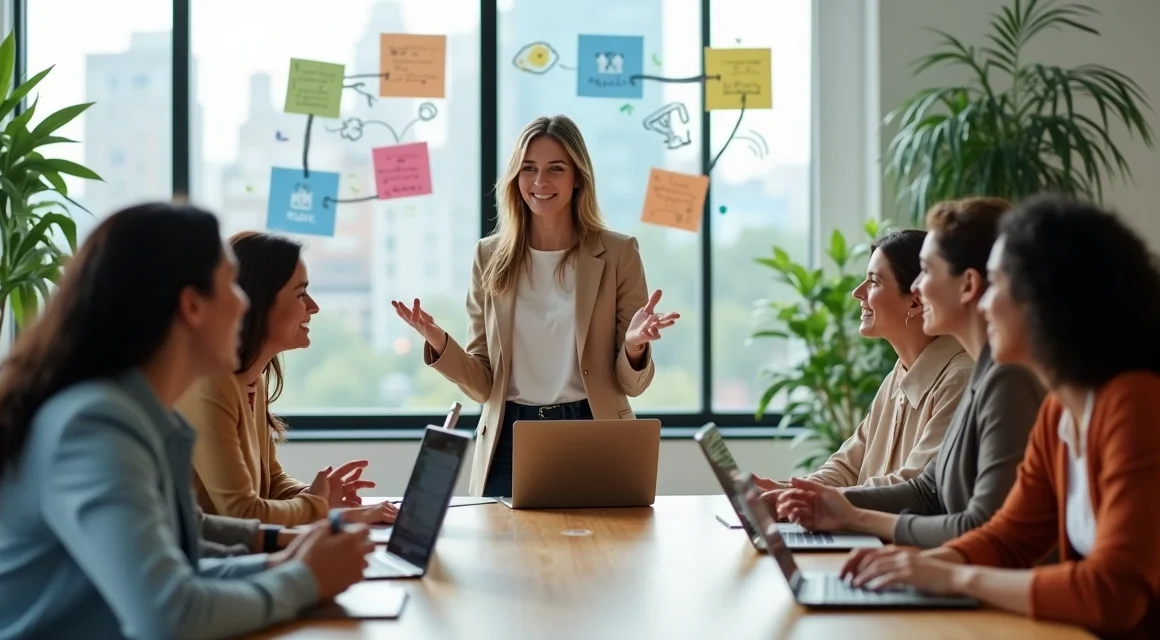 Mulheres em reunião informal fazendo networking em ambiente de trabalho digital moderno