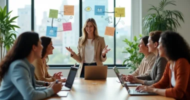 Mulheres em reunião informal fazendo networking em ambiente de trabalho digital moderno