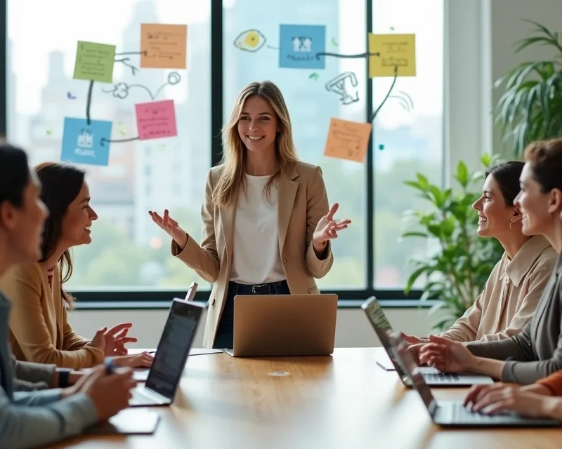 Mulheres em reunião informal fazendo networking em ambiente de trabalho digital moderno