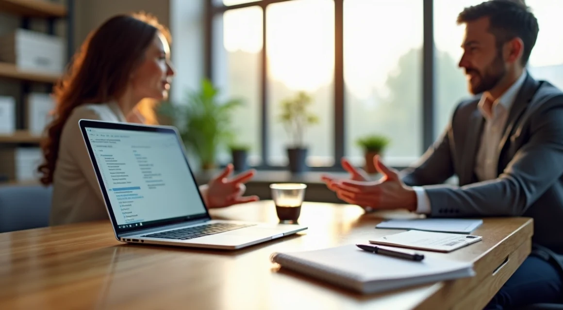 Mesa de reunião organizada com laptop, caderno, caneta e copo de café ao lado de duas pessoas conversando