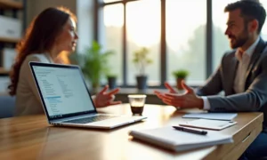 Mesa de reunião organizada com laptop, caderno, caneta e copo de café ao lado de duas pessoas conversando