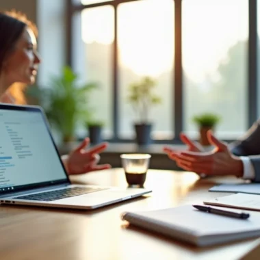 Mesa de reunião organizada com laptop, caderno, caneta e copo de café ao lado de duas pessoas conversando