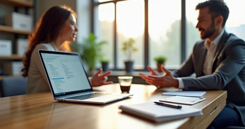 Mesa de reunião organizada com laptop, caderno, caneta e copo de café ao lado de duas pessoas conversando