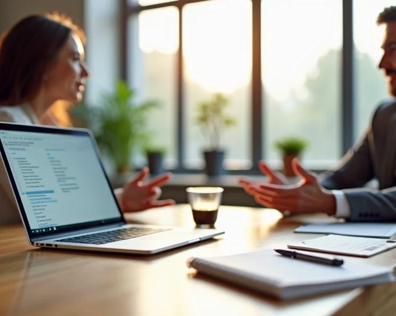 Mesa de reunião organizada com laptop, caderno, caneta e copo de café ao lado de duas pessoas conversando