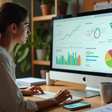 Mulher analisando validação de oferta de vendas em tela de computador com gráficos