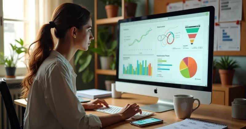 Mulher analisando validação de oferta de vendas em tela de computador com gráficos