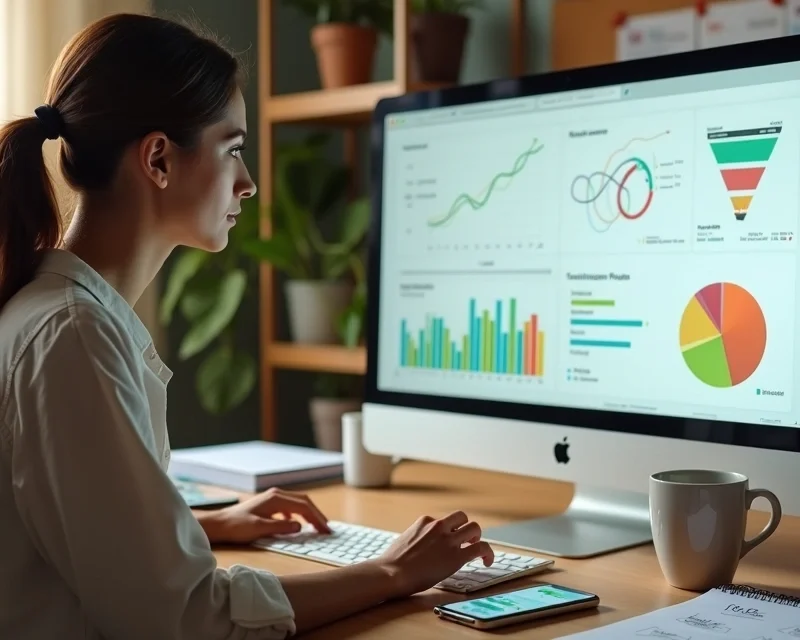 Mulher analisando validação de oferta de vendas em tela de computador com gráficos