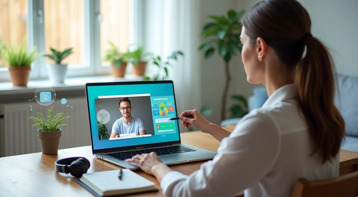 Mulher em chamada de vídeo apresentando infoproduto no notebook para cliente