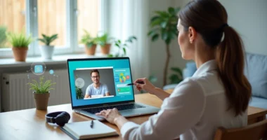 Mulher em chamada de vídeo apresentando infoproduto no notebook para cliente