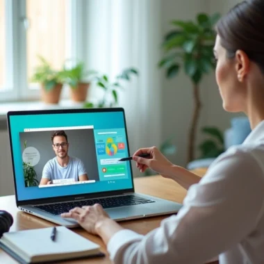 Mulher em chamada de vídeo apresentando infoproduto no notebook para cliente