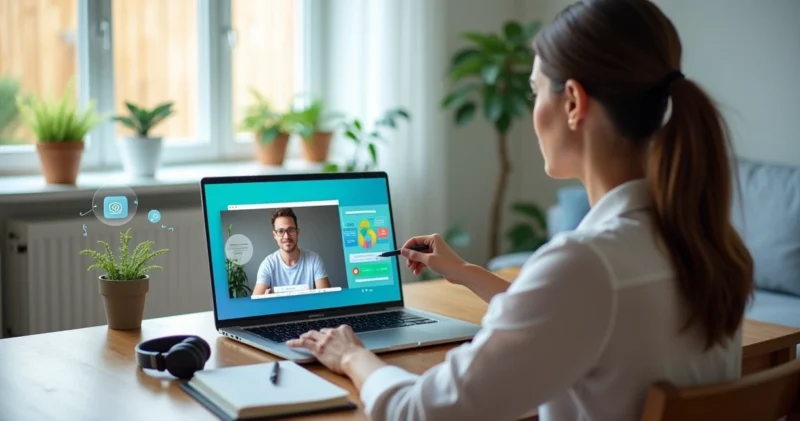 Mulher em chamada de vídeo apresentando infoproduto no notebook para cliente
