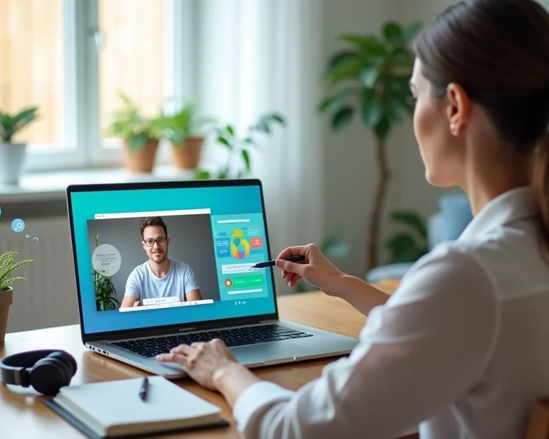 Mulher em chamada de vídeo apresentando infoproduto no notebook para cliente