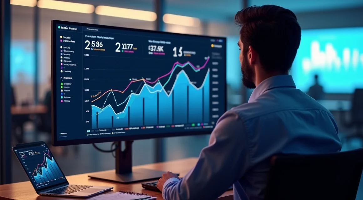Analista observa painel de vendas com gráficos preditivos em tela grande