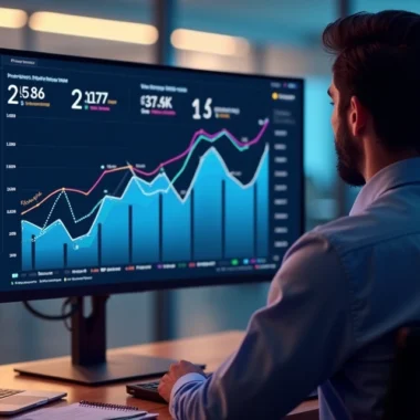 Analista observa painel de vendas com gráficos preditivos em tela grande