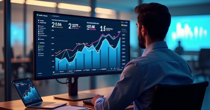 Analista observa painel de vendas com gráficos preditivos em tela grande