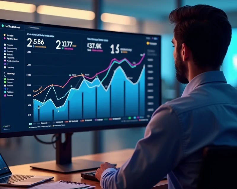 Analista observa painel de vendas com gráficos preditivos em tela grande