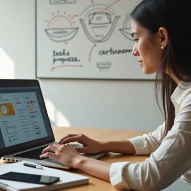 Mulher em home office analisando certificações digitais na tela do notebook