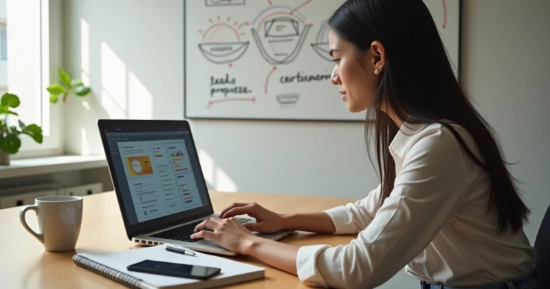 Mulher em home office analisando certificações digitais na tela do notebook