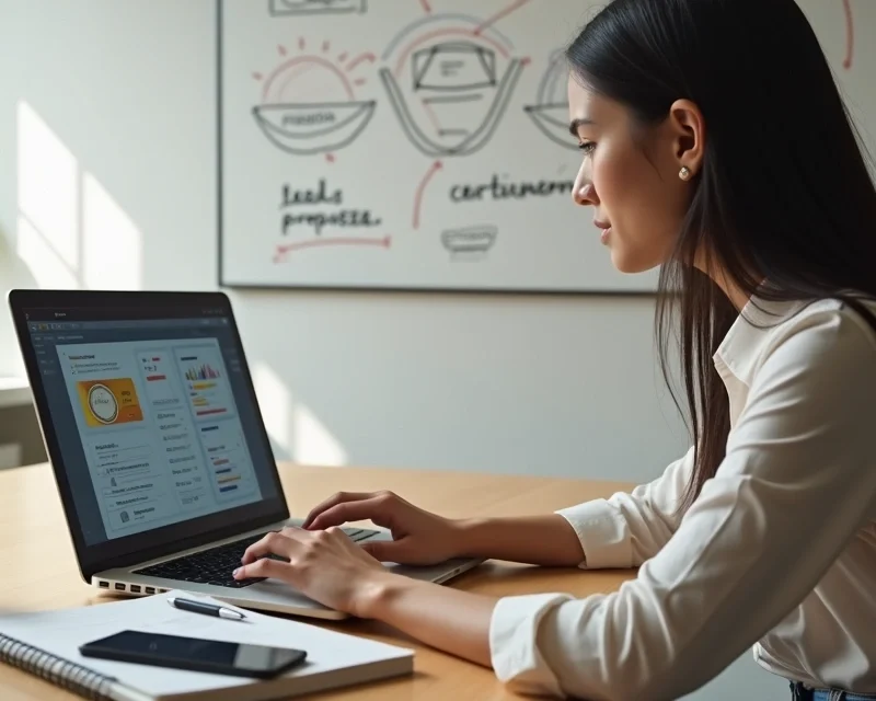 Mulher em home office analisando certificações digitais na tela do notebook