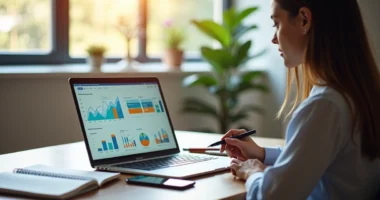 Mulher analisando dashboard de métricas de vendas no notebook