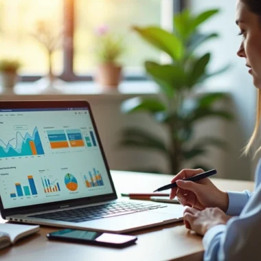 Mulher analisando dashboard de métricas de vendas no notebook