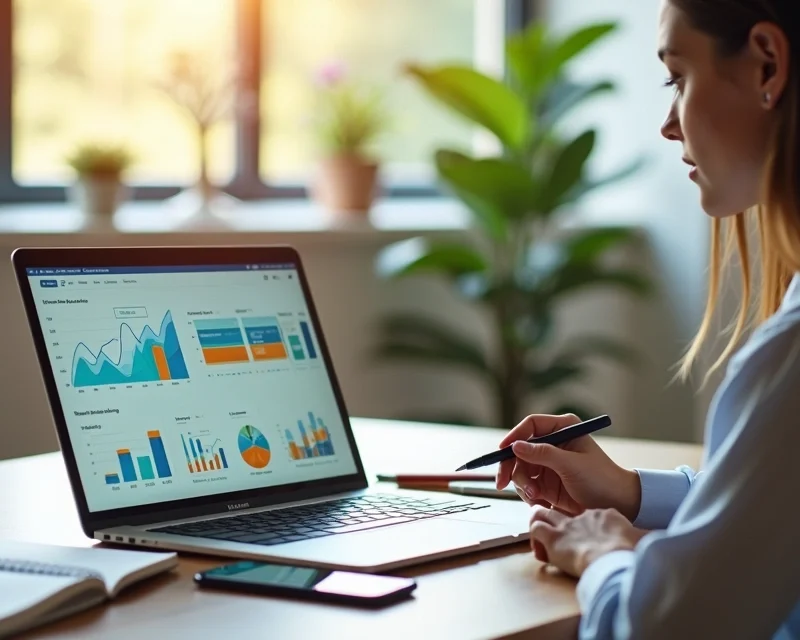 Mulher analisando dashboard de métricas de vendas no notebook