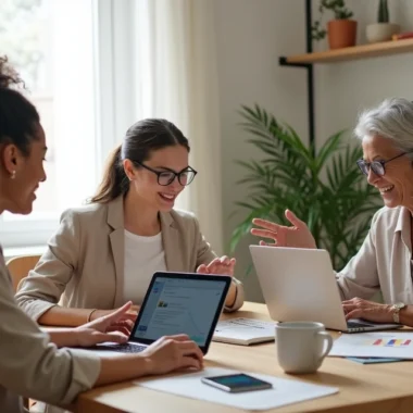 Três mulheres de idades diferentes trabalhando juntas em ambiente de home office