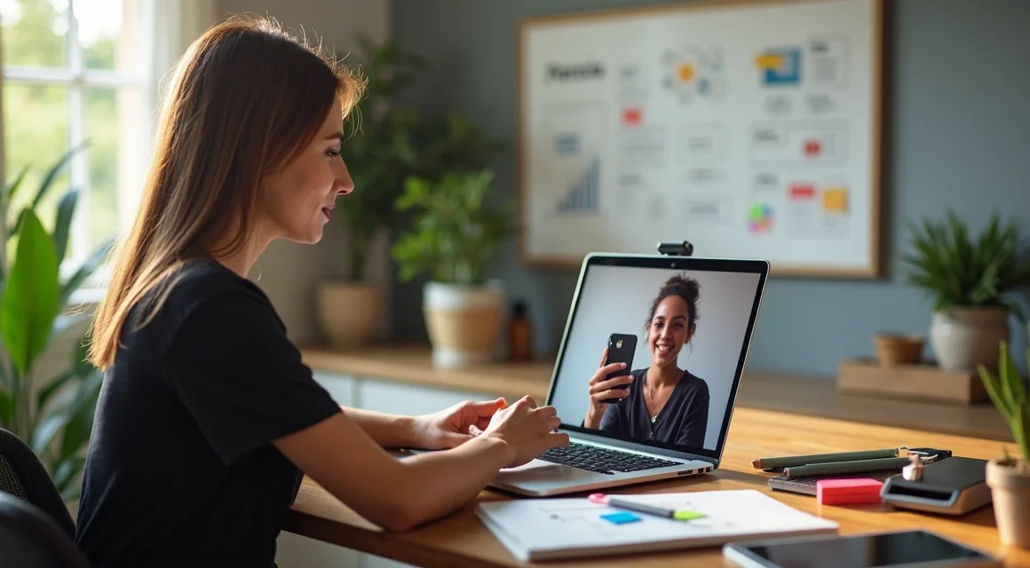 Empresária negociando parceria com microinfluenciador para captar leads em reunião online