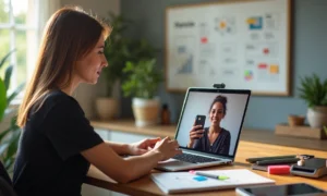 Empresária negociando parceria com microinfluenciador para captar leads em reunião online