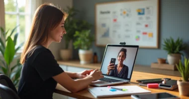 Empresária negociando parceria com microinfluenciador para captar leads em reunião online