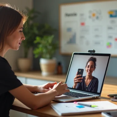 Empresária negociando parceria com microinfluenciador para captar leads em reunião online