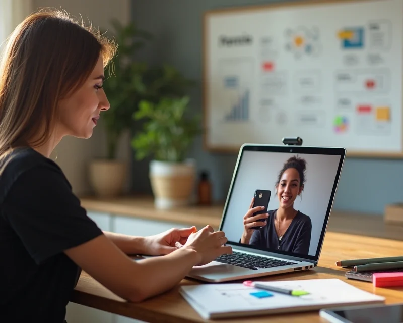 Empresária negociando parceria com microinfluenciador para captar leads em reunião online