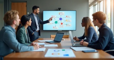 Equipe de negócios em reunião analisando mapa de stakeholders B2B em tela grande