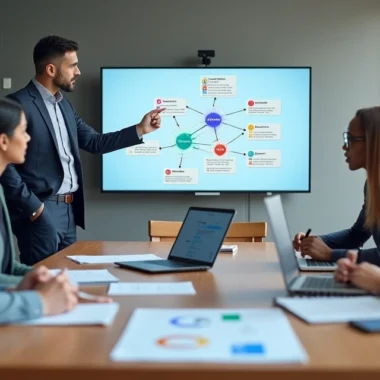 Equipe de negócios em reunião analisando mapa de stakeholders B2B em tela grande