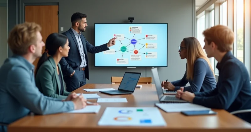 Equipe de negócios em reunião analisando mapa de stakeholders B2B em tela grande