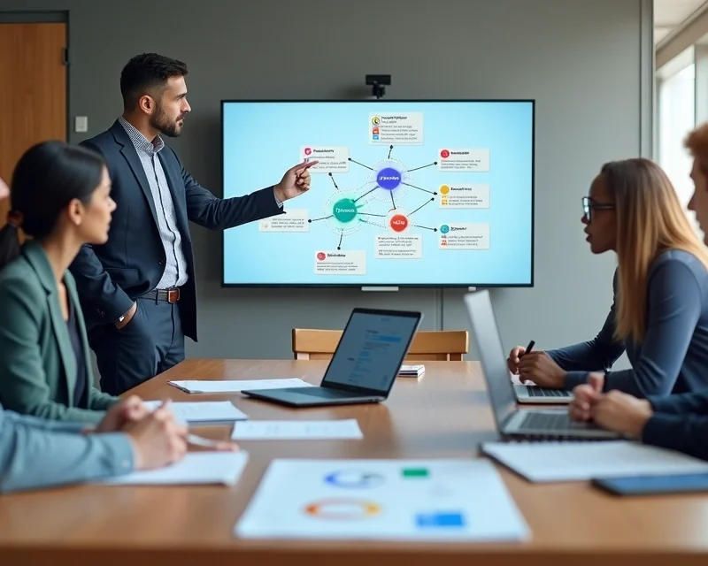 Equipe de negócios em reunião analisando mapa de stakeholders B2B em tela grande