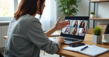Mulher conduzindo reunião remota de vendas pelo notebook em home office organizado