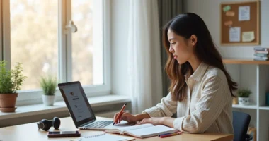 Mulher trabalhando em home office organizando rotina de desenvolvimento profissional