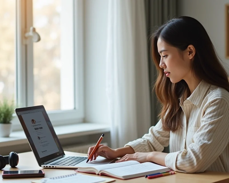 Mulher trabalhando em home office organizando rotina de desenvolvimento profissional