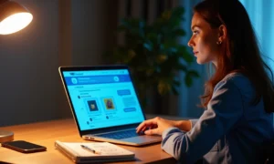 Profissional de vendas analisando cliente em marketplace digital na tela do notebook