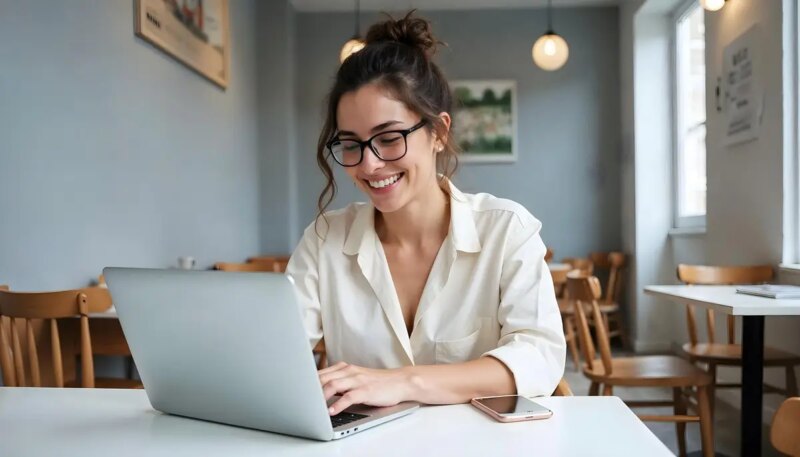 Young woman typing on a laptop in a stylish cafe setting