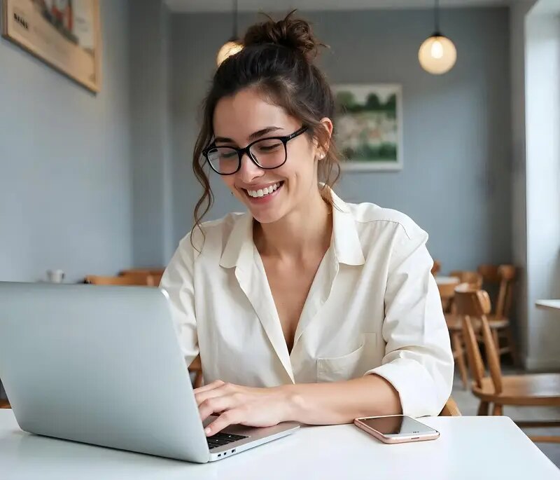 Young woman typing on a laptop in a stylish cafe setting