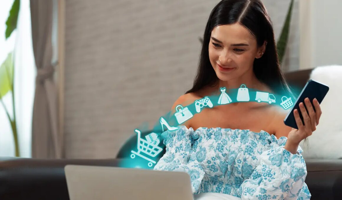 Customer wear blue dress control device open ecommerce application cybercash