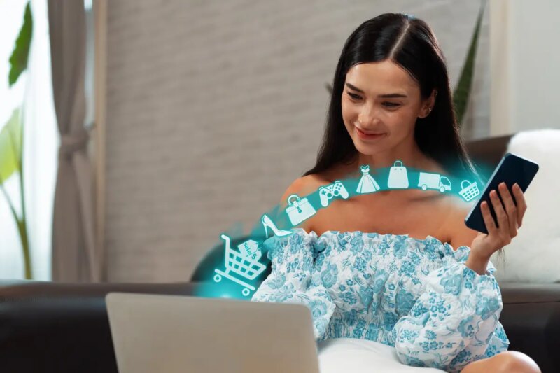 Customer wear blue dress control device open ecommerce application cybercash